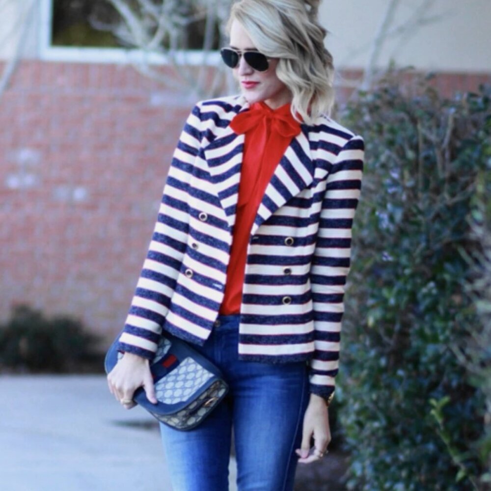 CAbi Cruise Striped Blue Ivory Red Jacket Blazer Nautical Sz 14 - Picture 6 of 6